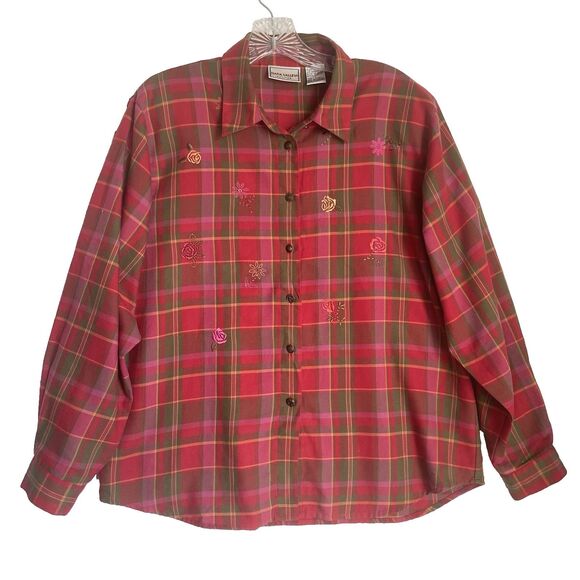 Vintage Nappa Valley Flannel Shirt Women L Red Plaid Embroidered Floral Boho - Picture 1 of 9